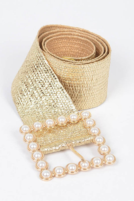 Wide Pearl Buckle Gold Elastic Belt