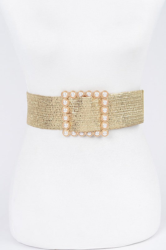 Wide Pearl Buckle Gold Elastic Belt