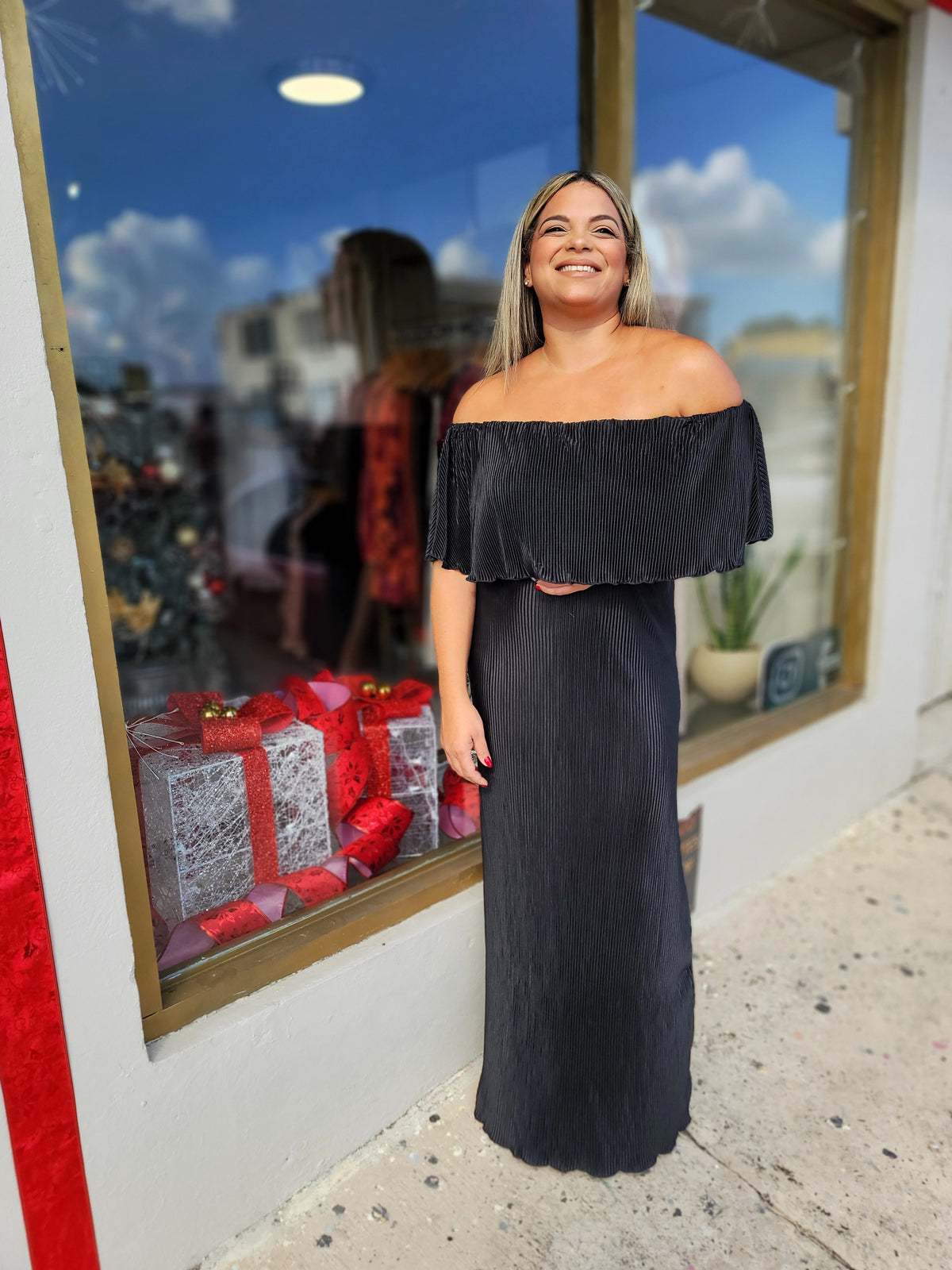 Black Pleated Off Shoulder Maxi Dress