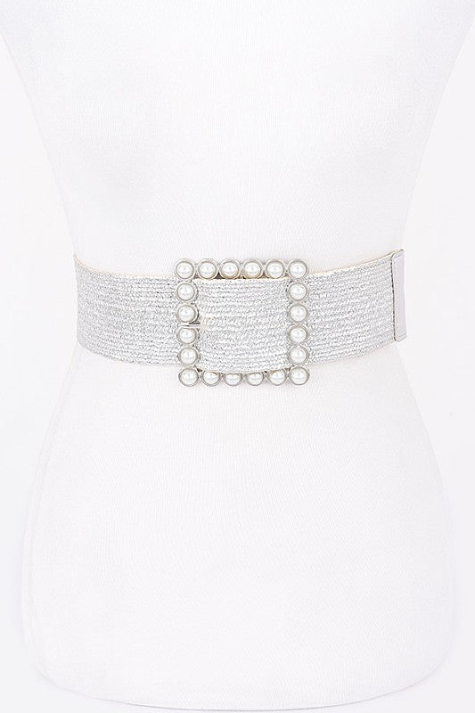 Wide Pearl Buckle Silver Elastic Belt