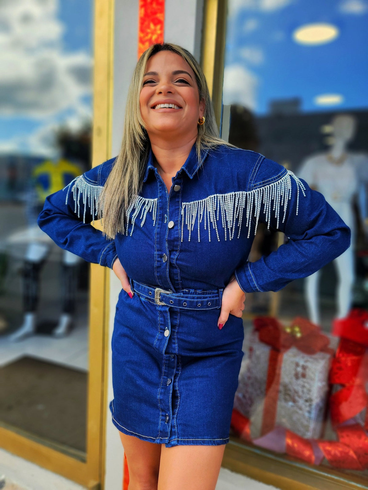 Denim Rhinestone Dress with Belt vientostheshop Denim Rhinestone Dress with Belt vientostheshop