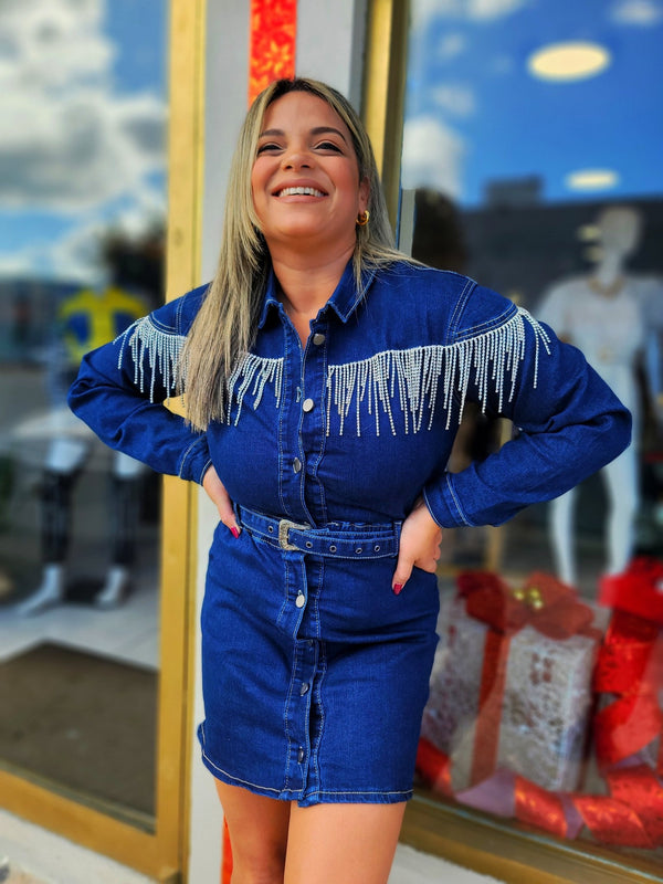 Denim Rhinestone Dress with Belt – vientostheshop