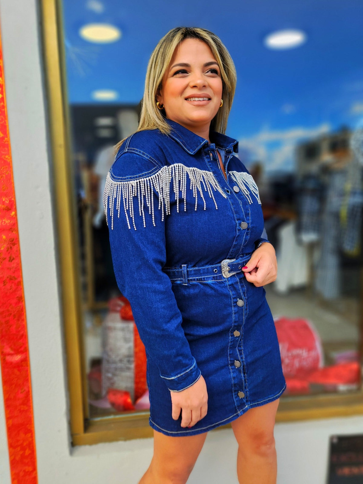 Denim Rhinestone Dress with Belt Denim Rhinestone Dress with Belt