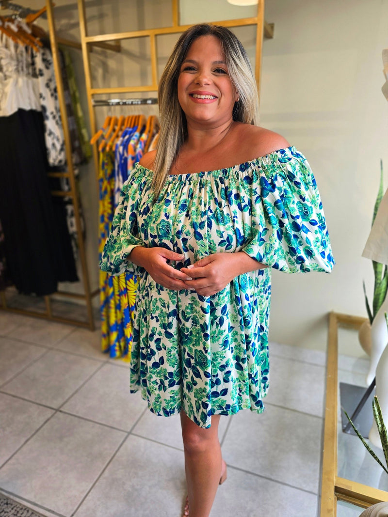 Floral Off Shoulder Dress - Green and Blue - vientostheshop