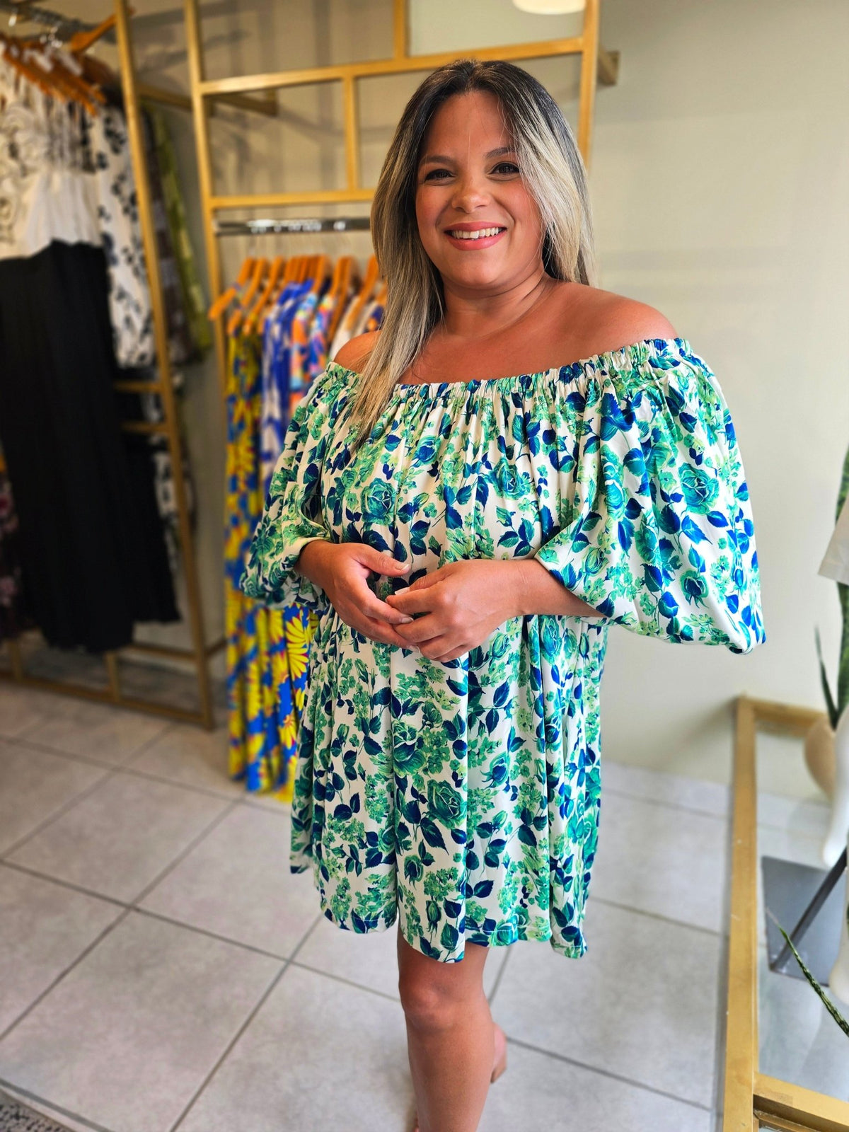 Floral Off Shoulder Dress - Green and Blue - vientostheshop