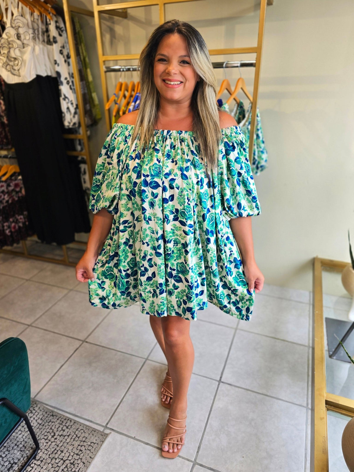 Floral Off Shoulder Dress - Green and Blue - vientostheshop