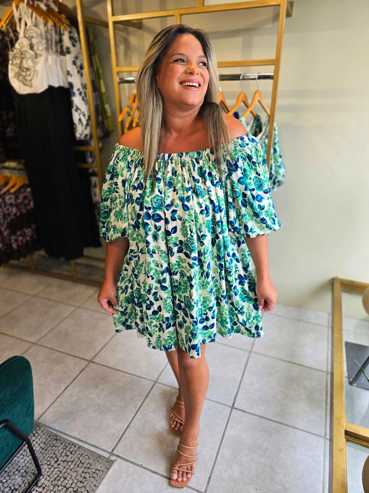 Floral Off Shoulder Dress - Green and Blue - vientostheshop