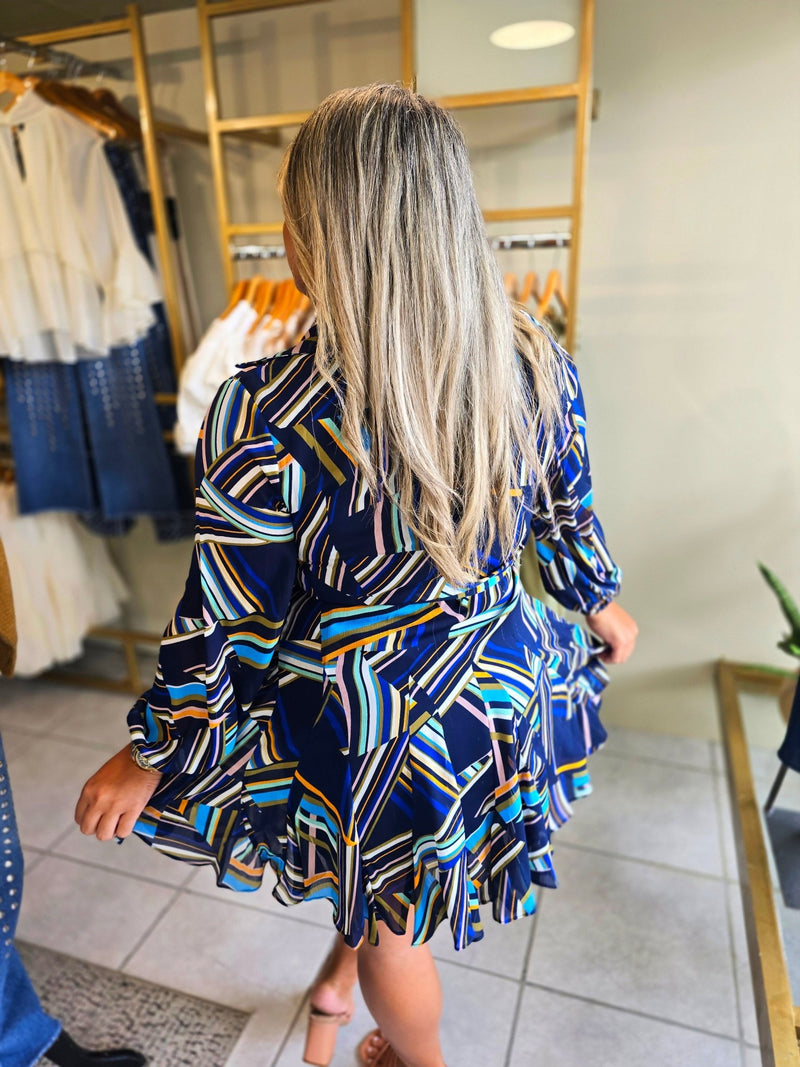 Irregular Stripe Printed Long Sleeve Mini Dress - vientostheshop