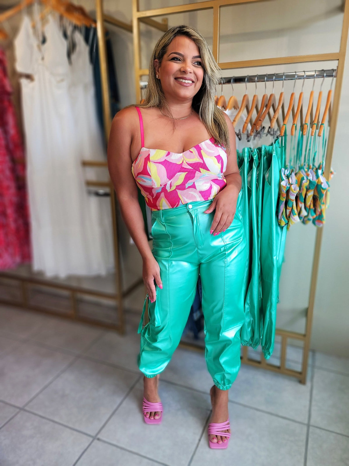 Metallic Turquoise Cargo Joggers - vientostheshop