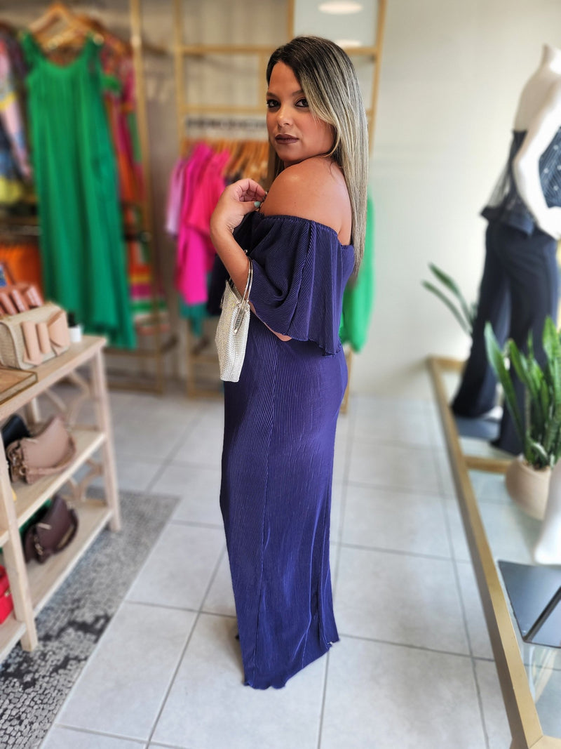 Navy Pleated Off Shoulder Maxi Dress - vientostheshop