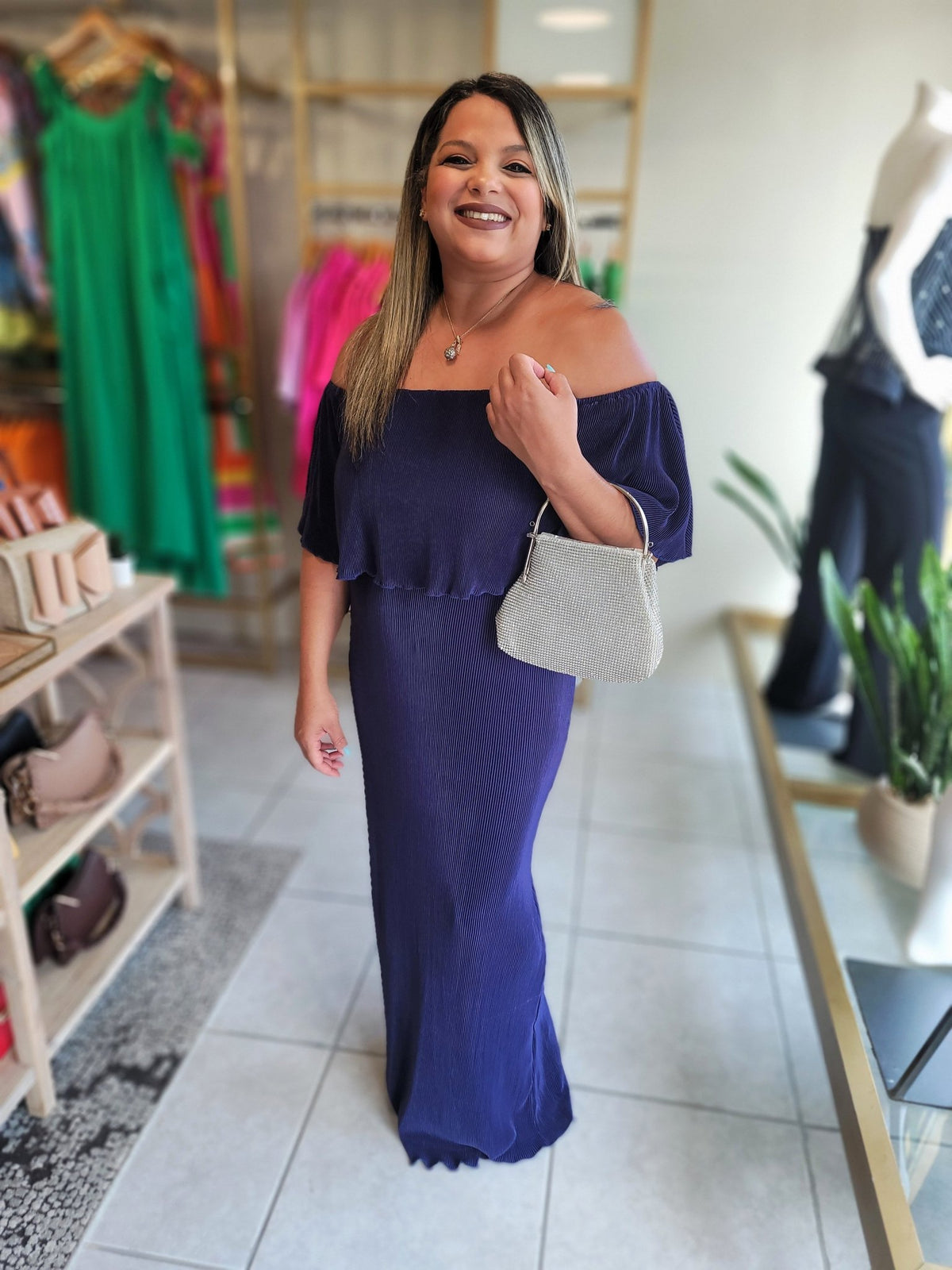 Navy Pleated Off Shoulder Maxi Dress - vientostheshop