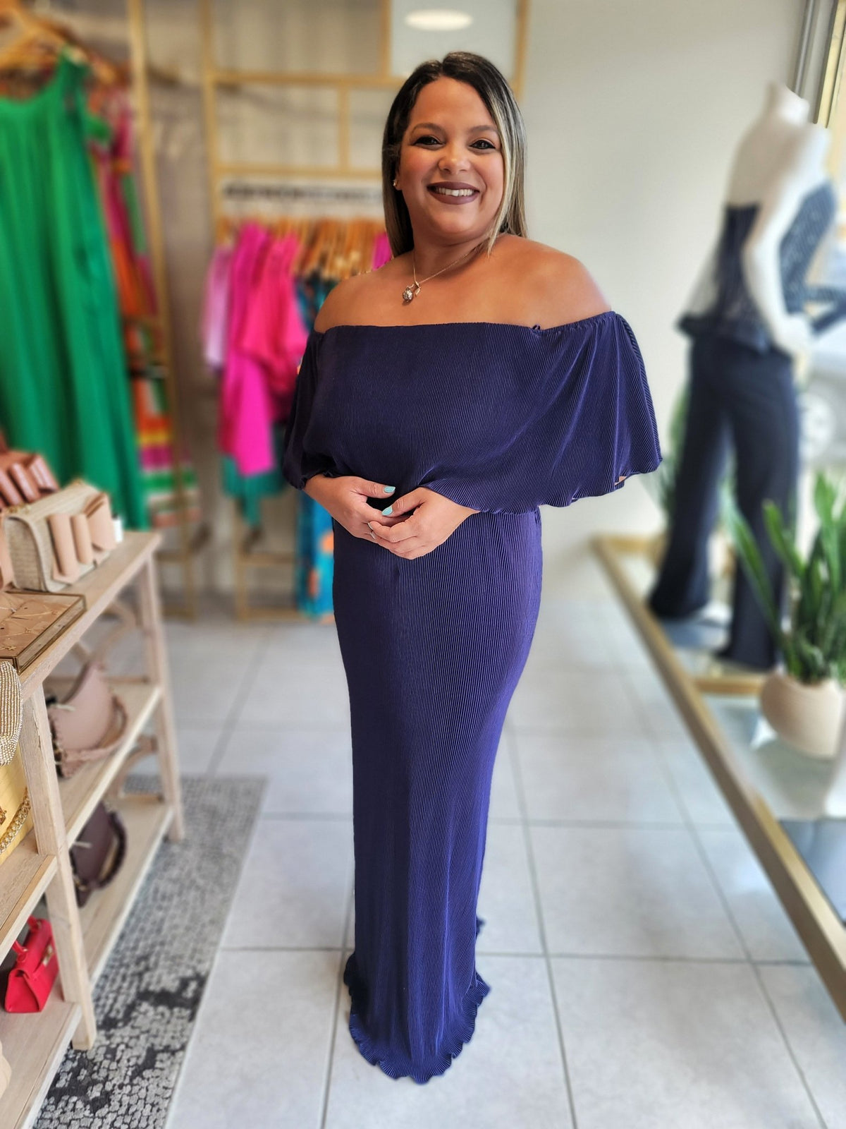 Navy Pleated Off Shoulder Maxi Dress - vientostheshop
