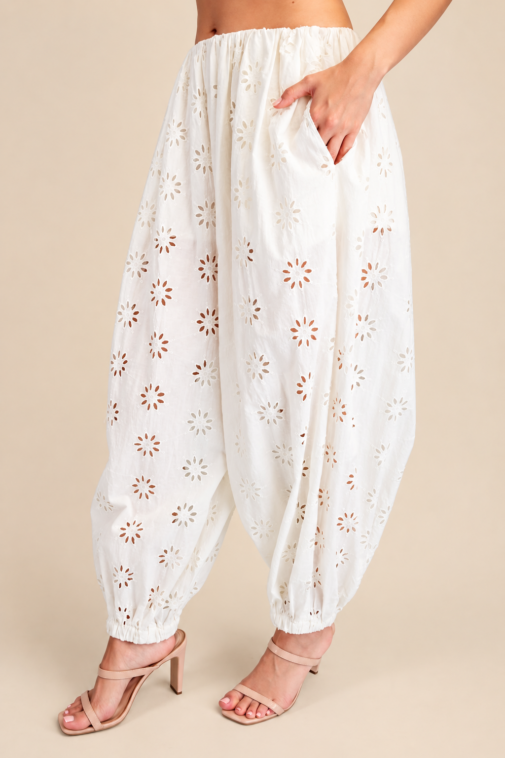 Ivory Eyelet Pleated Balloon Pants