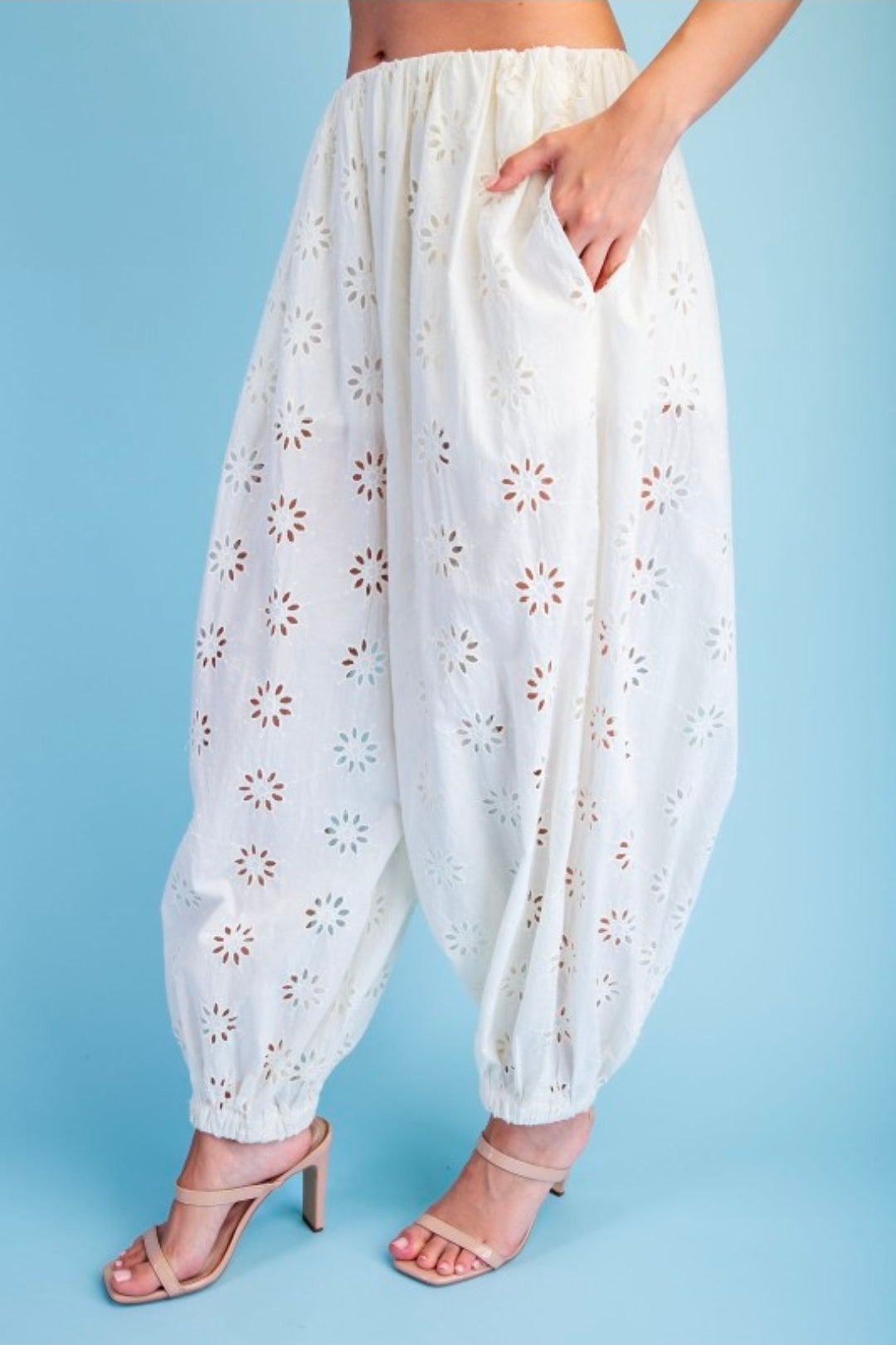 Ivory Eyelet Pleated Balloon Pants