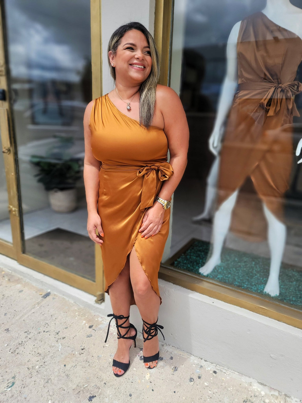 Satin Bronze One Shoulder Dress - vientostheshop