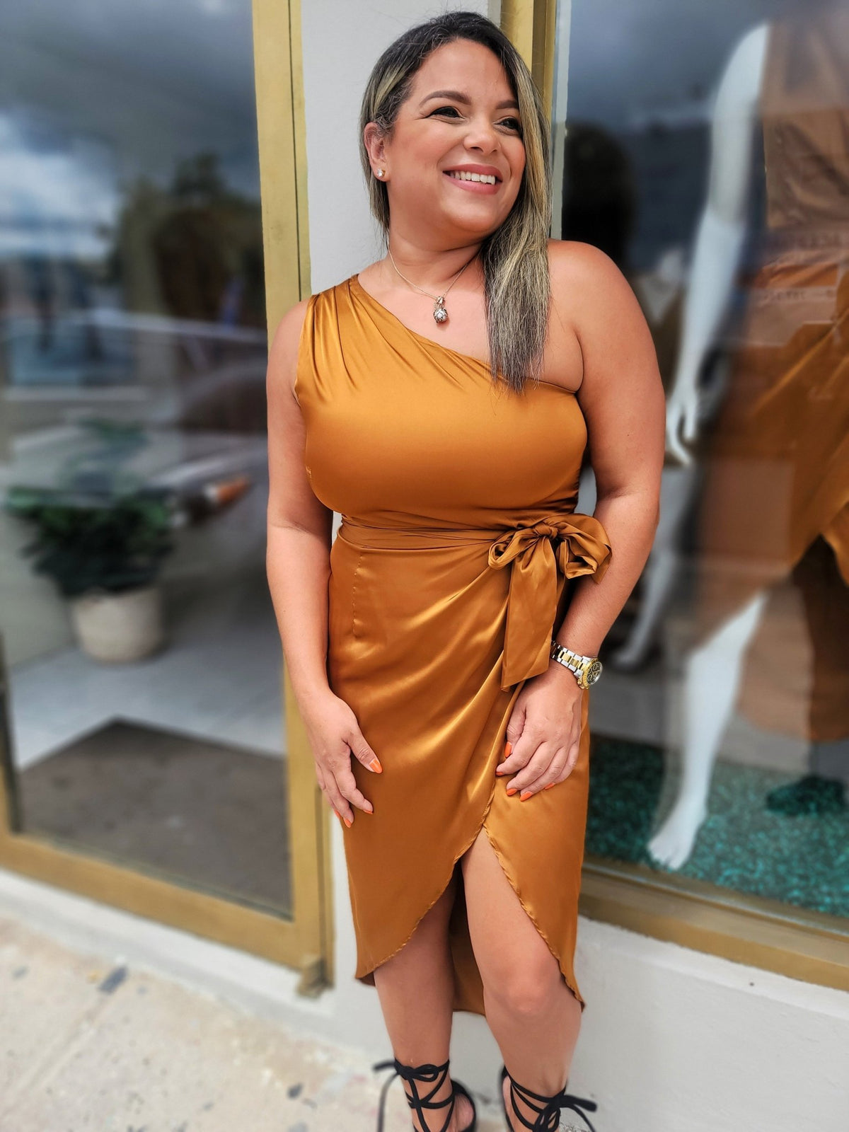 Satin Bronze One Shoulder Dress - vientostheshop