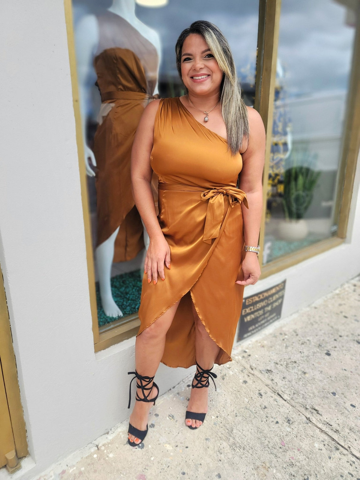Satin Bronze One Shoulder Dress - vientostheshop
