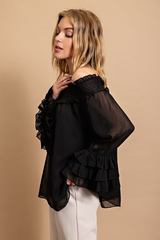 Smocked Detail Off Shoulder Sleeve Top - vientostheshop