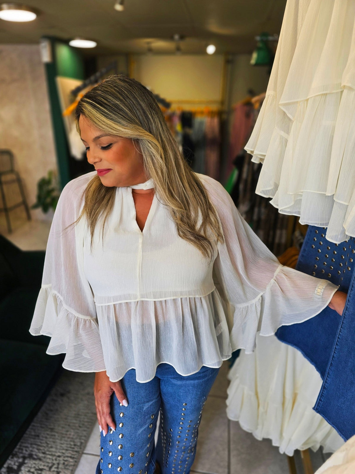 Twist Neck Metallic Sheer with Lining Tops - vientostheshop